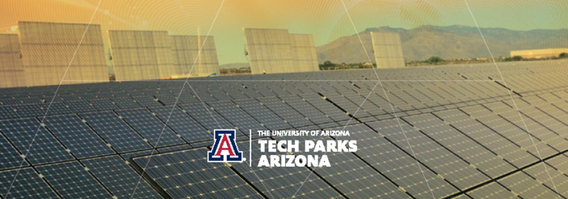 The University of Arizona Tech Parks Arizona logo on top of an image of solar panels.